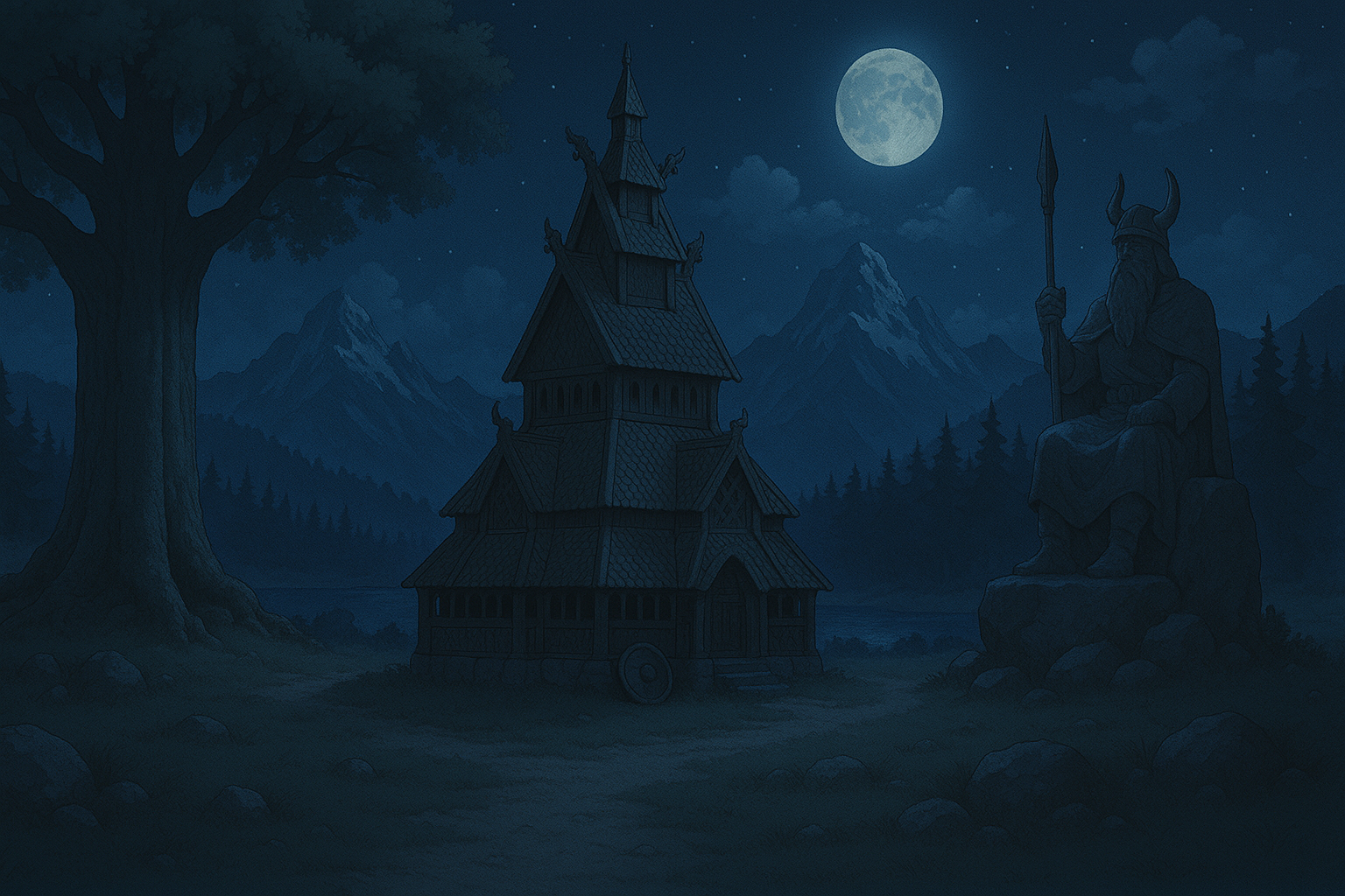 Norse mystical landscape with stave church and moon